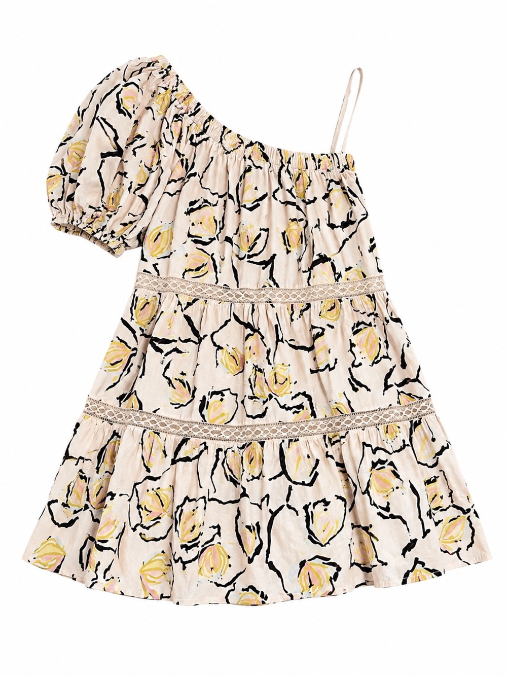 Velvet One-Shoulder Floral Dress in Cream/Yellow/Black